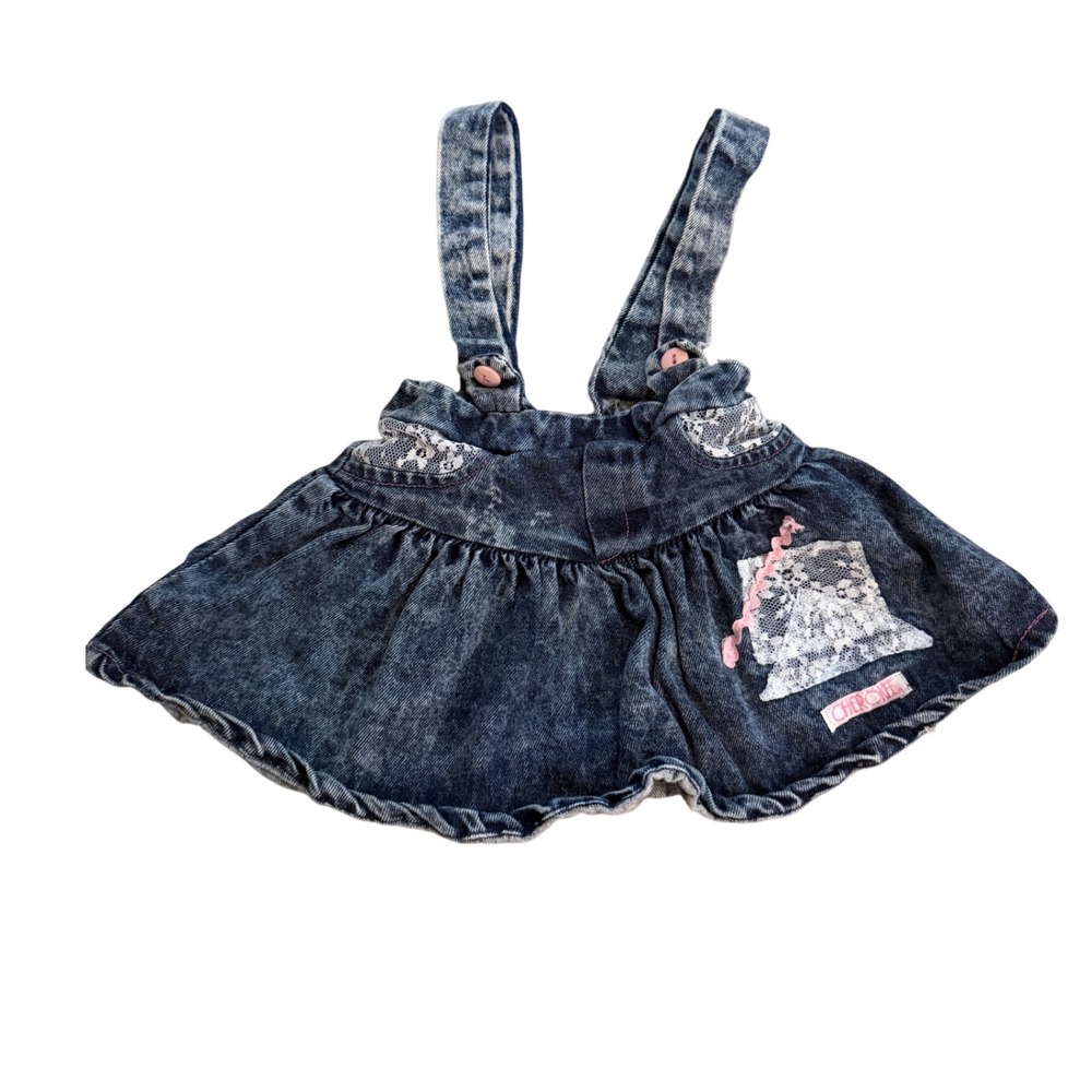 Vintage Cherokee Acid Wash Denim Overall Skirt Lace Accents Made in USA 3T
